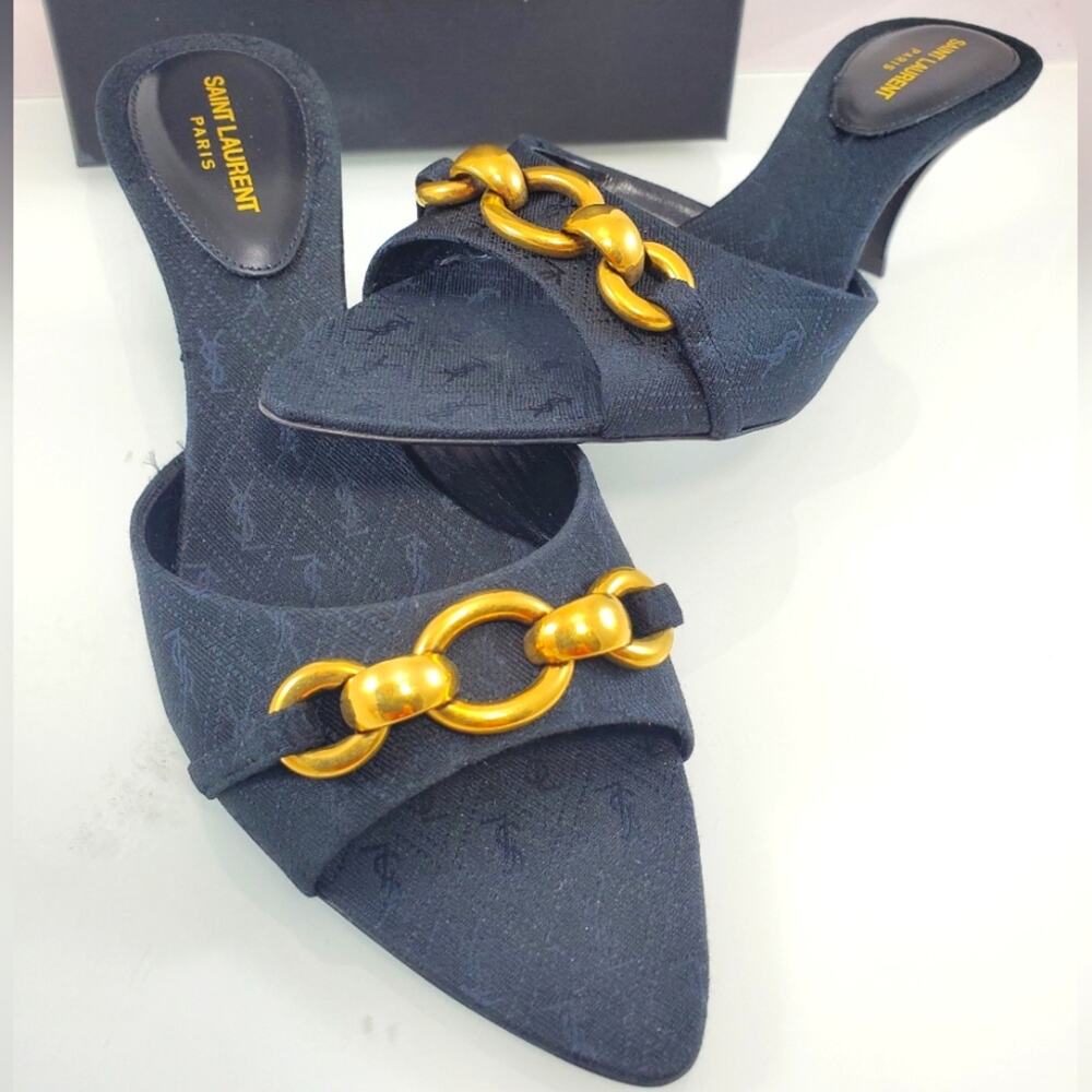 NEW$1050 Saint Laurent YSL Logo Gippy Chain Slides Sandals Heels Mules Sz 37 6.5